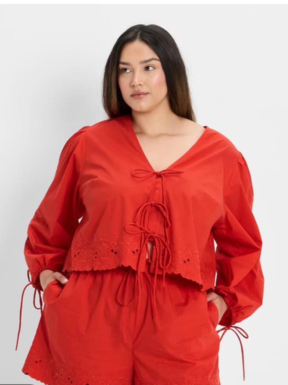 Future Collective Red Tie-Front Eyelet Peasant Blouse, size XXL, new
